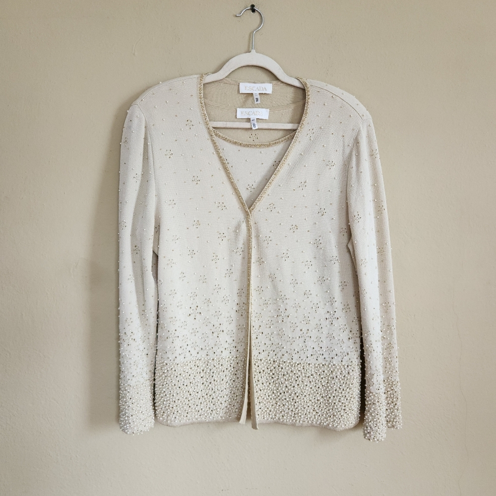 ESCADA 2 piece XL 44 beaded tank and cardigan knit set taupe tan MOB vintage